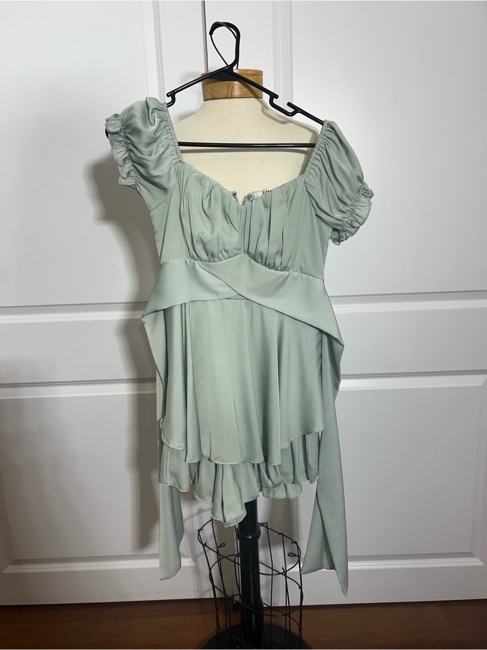 Sage Green Puff Sleeve Ruffle Dress Romper XS